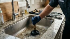 Plumber fixing a blocked drain using a plunger for blocked drain clearing and drain repair service in kitchen sink or bathroom.
